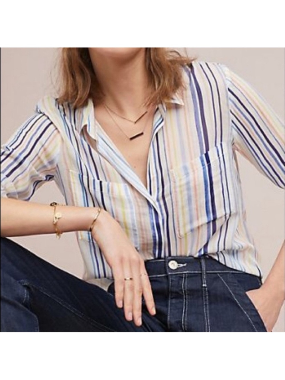Anthropologie x cloth & stone Striped Button-Up Collared Shirt  pastel coastal L